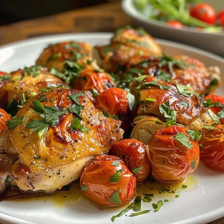 Vista lateral de un suculento Pollo con tomates al horno, listo para servir.