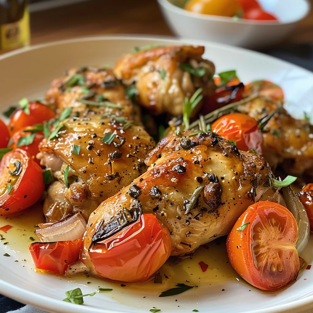 Pollo con tomates al horno en un plato, con ingredientes frescos alrededor.