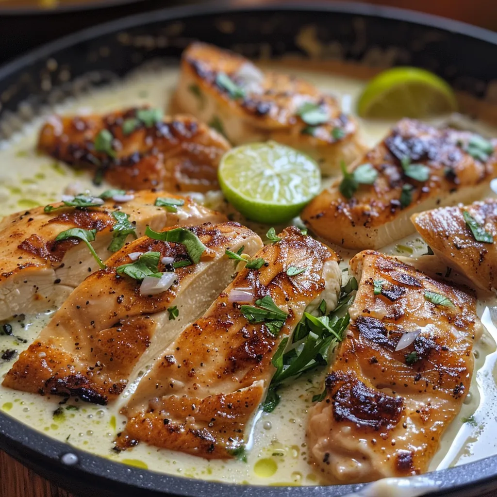 Imagen de Pollo Crema Limón, destacando la salsa y los ingredientes frescos, como ajo y cebolla.