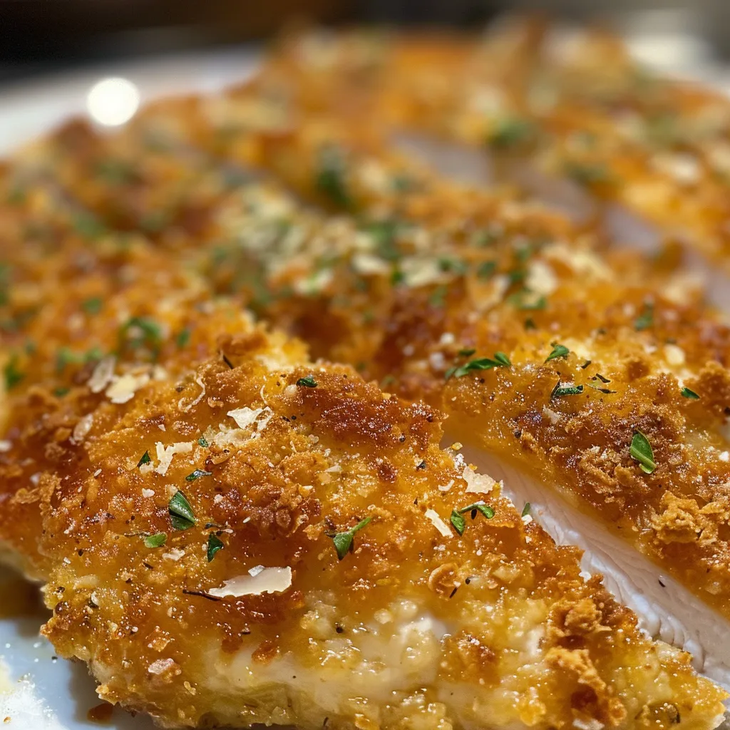 Pollo Crustado Parmesano servido con guarnición verde.