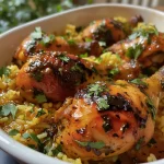 Pollo en salsa de ajo, luciendo apetitoso y jugoso.