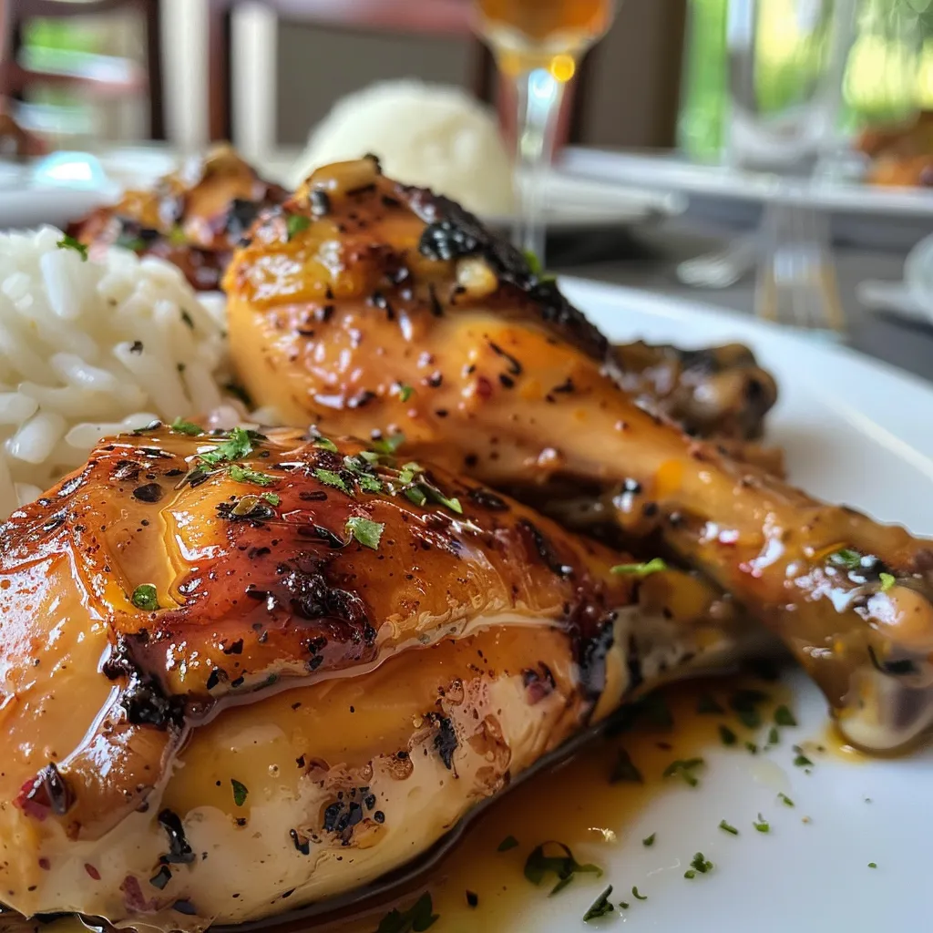 Vista lateral de pollo en salsa de ajo servido en un plato.