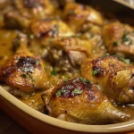 Pollo en salsa de mostaza servido en un plato blanco.