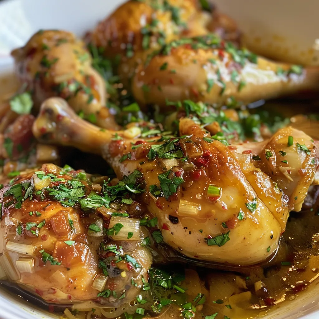 Sazonado Pollo en salsa de mostaza con un fondo de mesa.