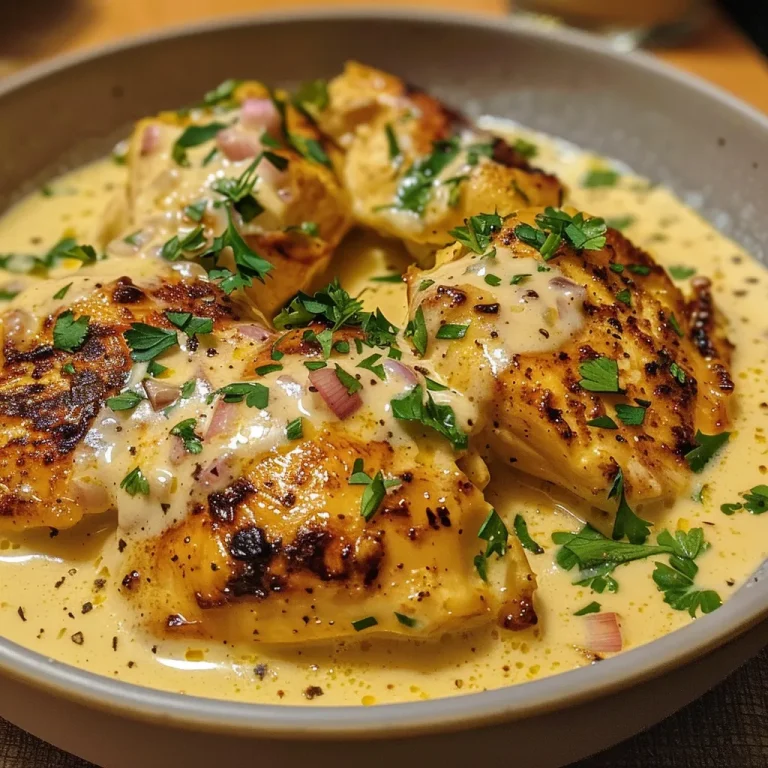 Primer plano de un plato de Pollo en salsa de queso crema, con cebolla y ajo visibles.