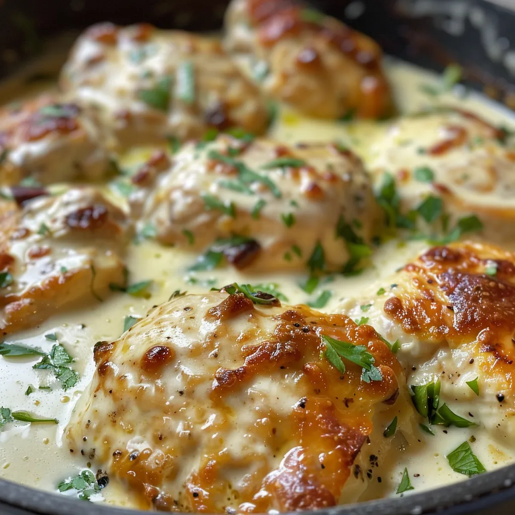 Pollo cocido en una salsa de queso crema en un plato blanco, con ingredientes frescos a su alrededor.