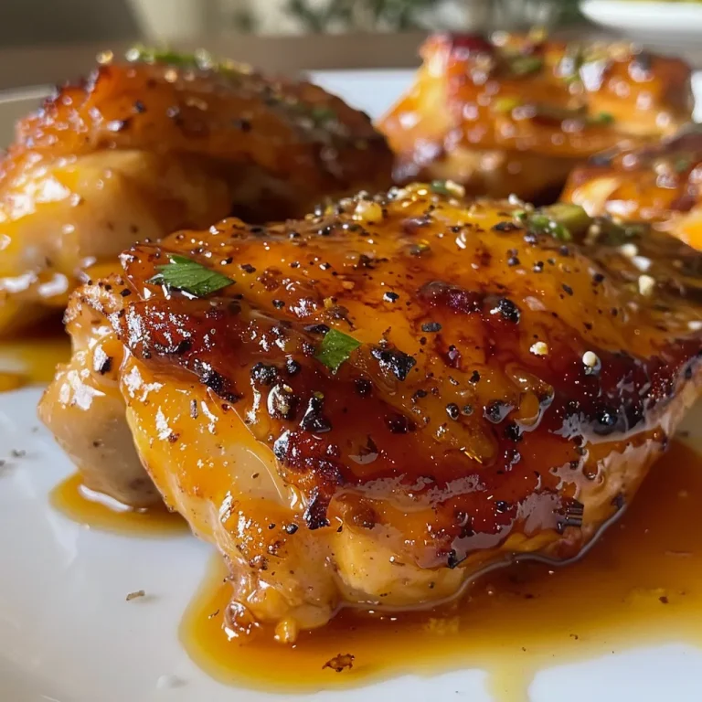 Porción de pollo con glaseado brillante de miel y naranja, decorado con perejil.