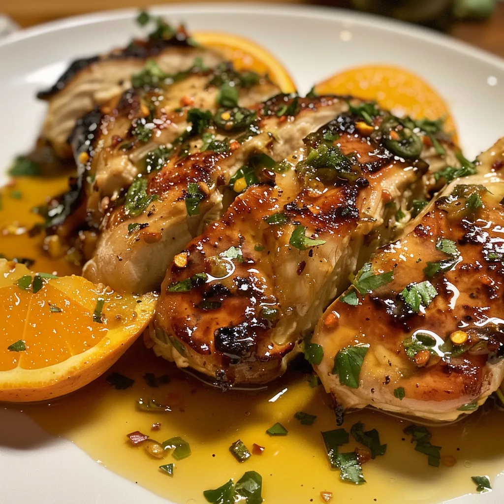 Vista lateral de pollo glaseado con miel y naranja, servido en mesa con utensilios.