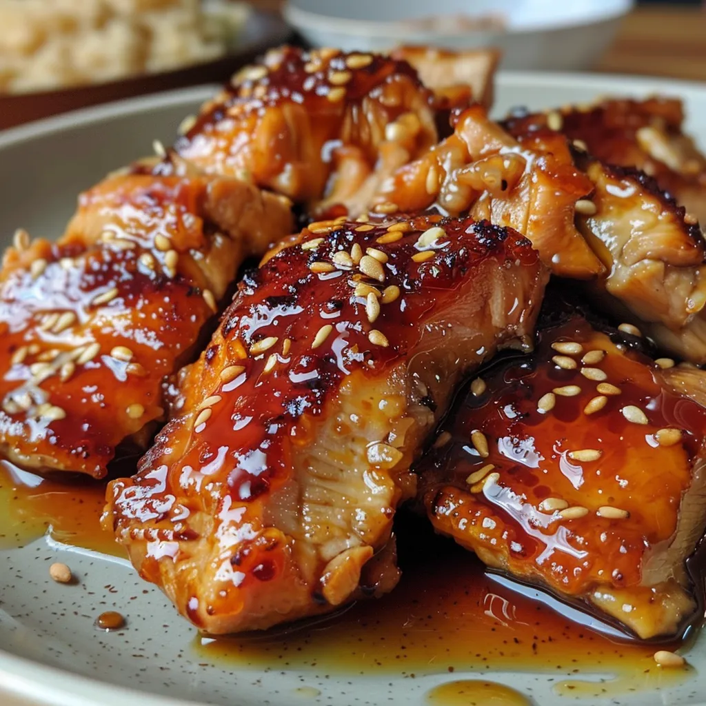 Vista lateral de Pollo Glaseado con Miso y Miel, resaltando su jugosidad.