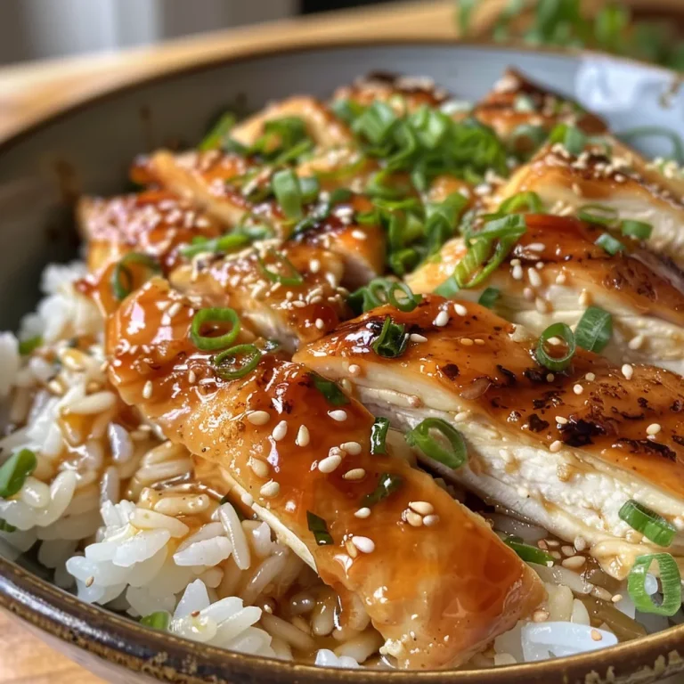 Close up de pollo glaseado junto a arroz japonés en un plato elegante.