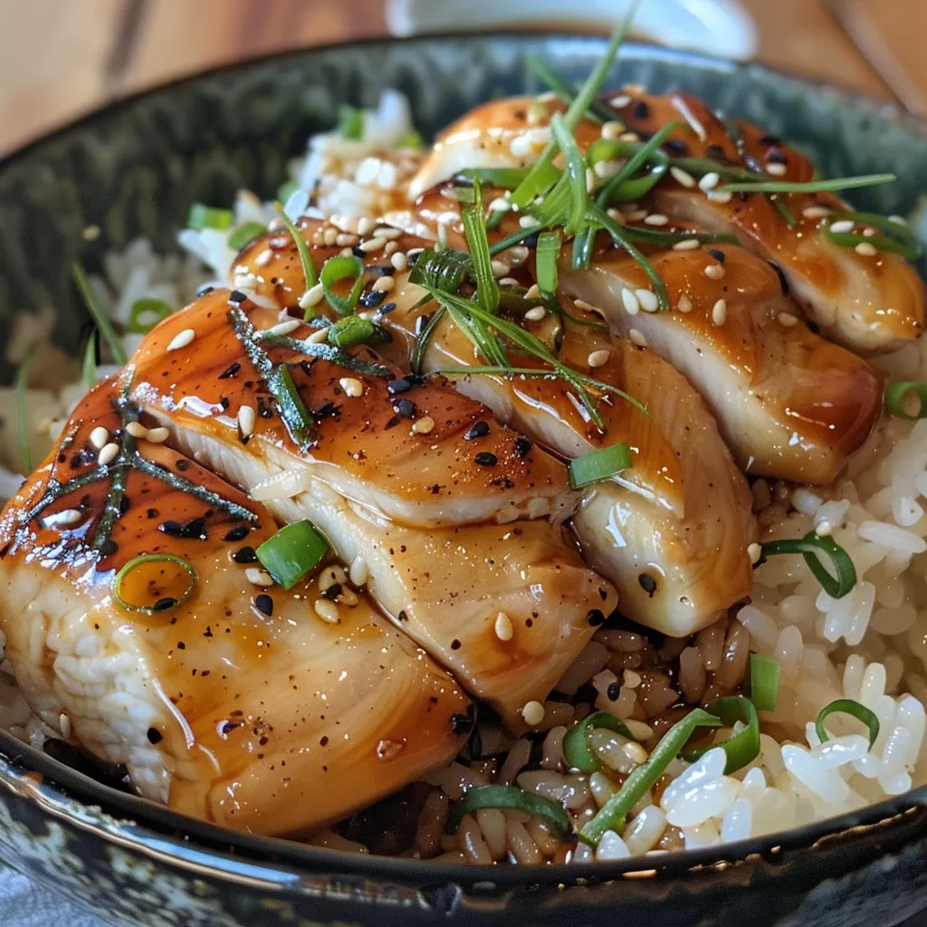 Vista lateral de un delicioso plato de pollo glaseado japonés con arroz.