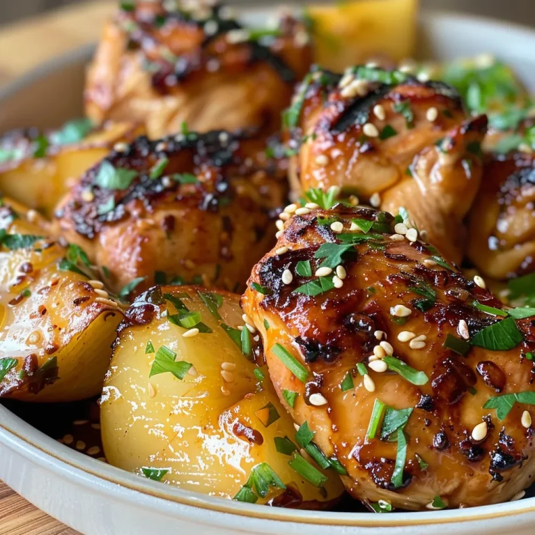 Vista lateral de Pollo Hawaiano con salsa brillante y semillas de sésamo.