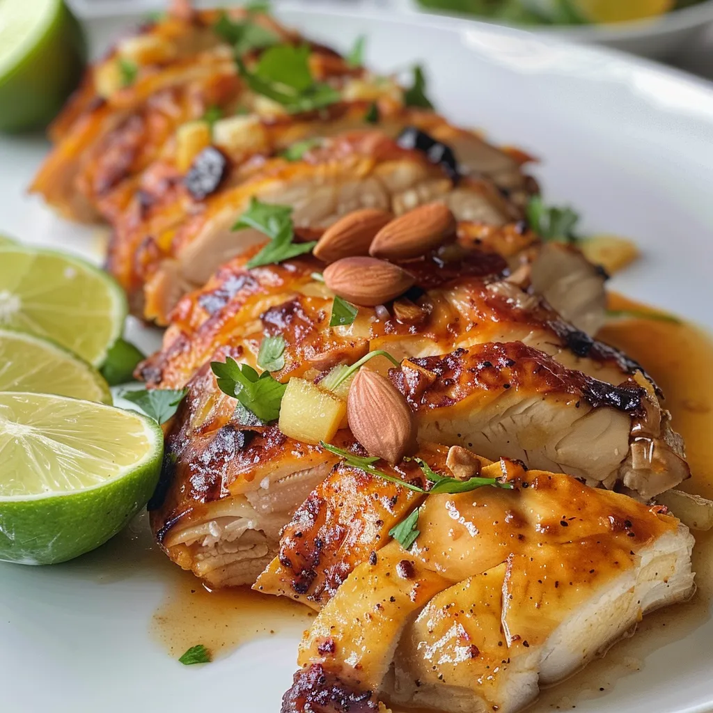 Pechuga de pollo con piña y aderezo, presentada elegantemente en un plato.