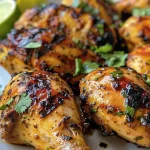 Primer plano de Pollo Jerk a la Parrilla, decorado con cilantro fresco.