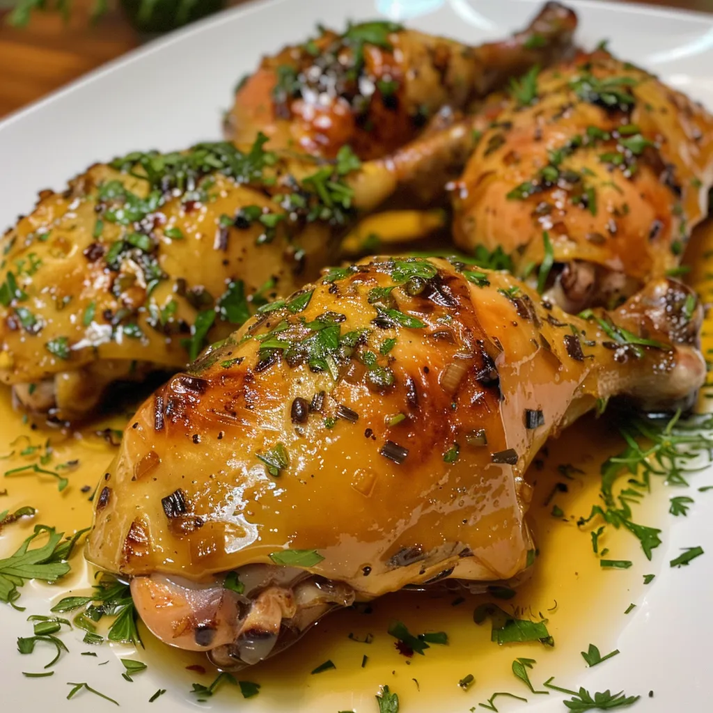 Detalle del pollo glaseado con miel en una mesa rústica.