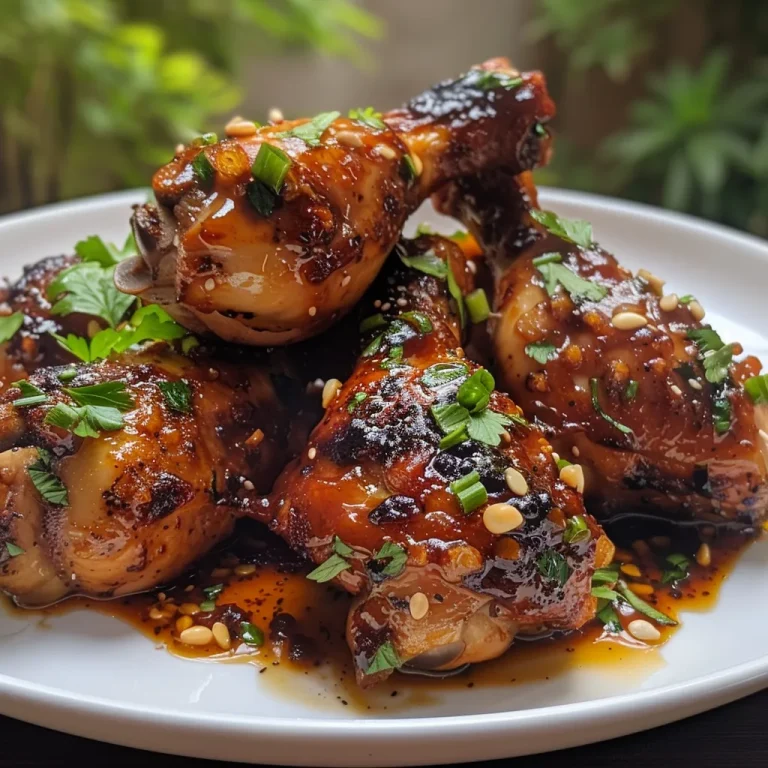 Detalle de pollo cocido en miel y salsa de soja, decorado con cebollines y semillas de sésamo.