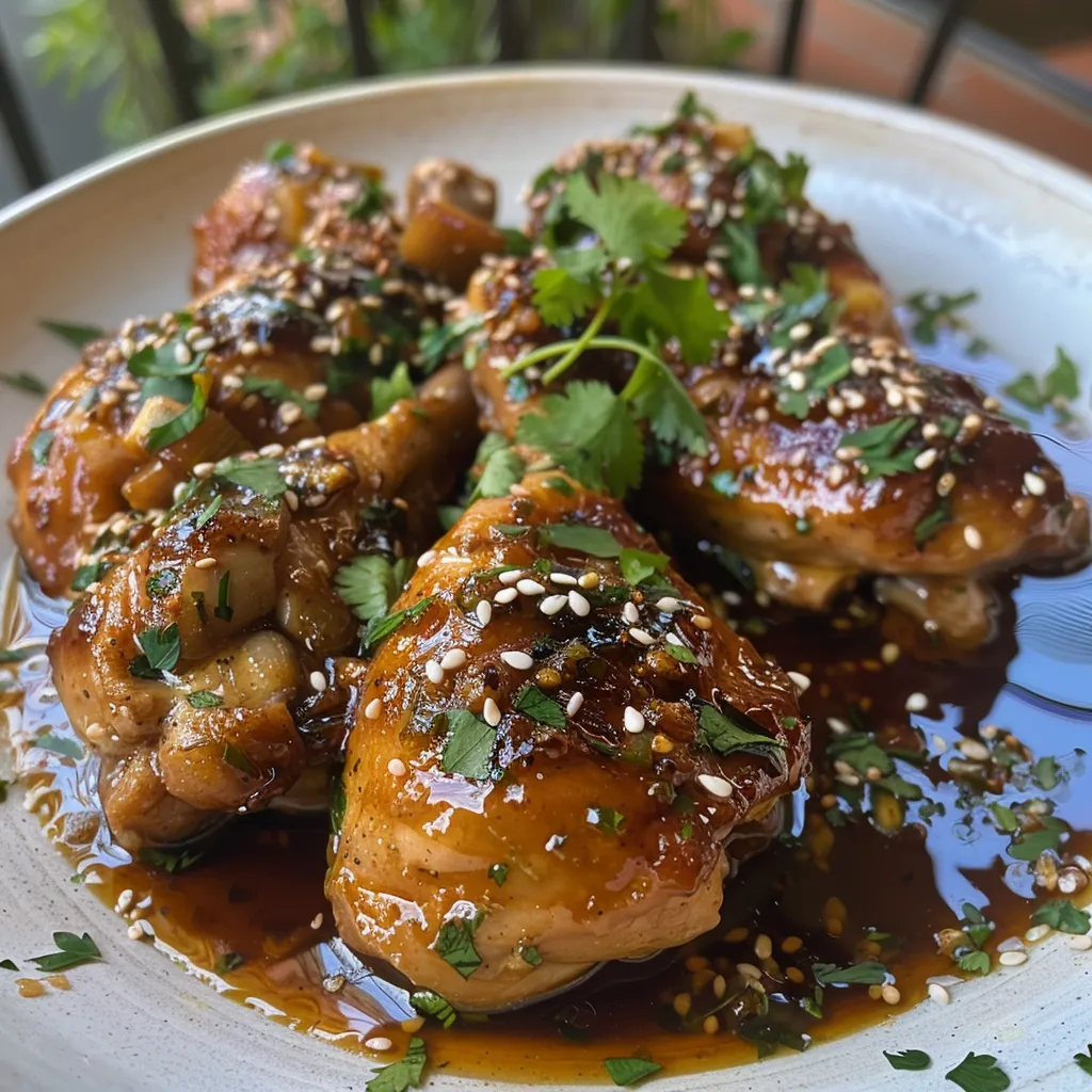 Vista lateral de muslos de pollo brillantes y jugosos, con ingredientes frescos alrededor.