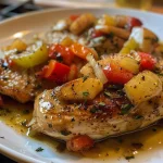 Imagen close-up de un plato de Pollo primavera, con brillo apetitoso y ingredientes frescos.