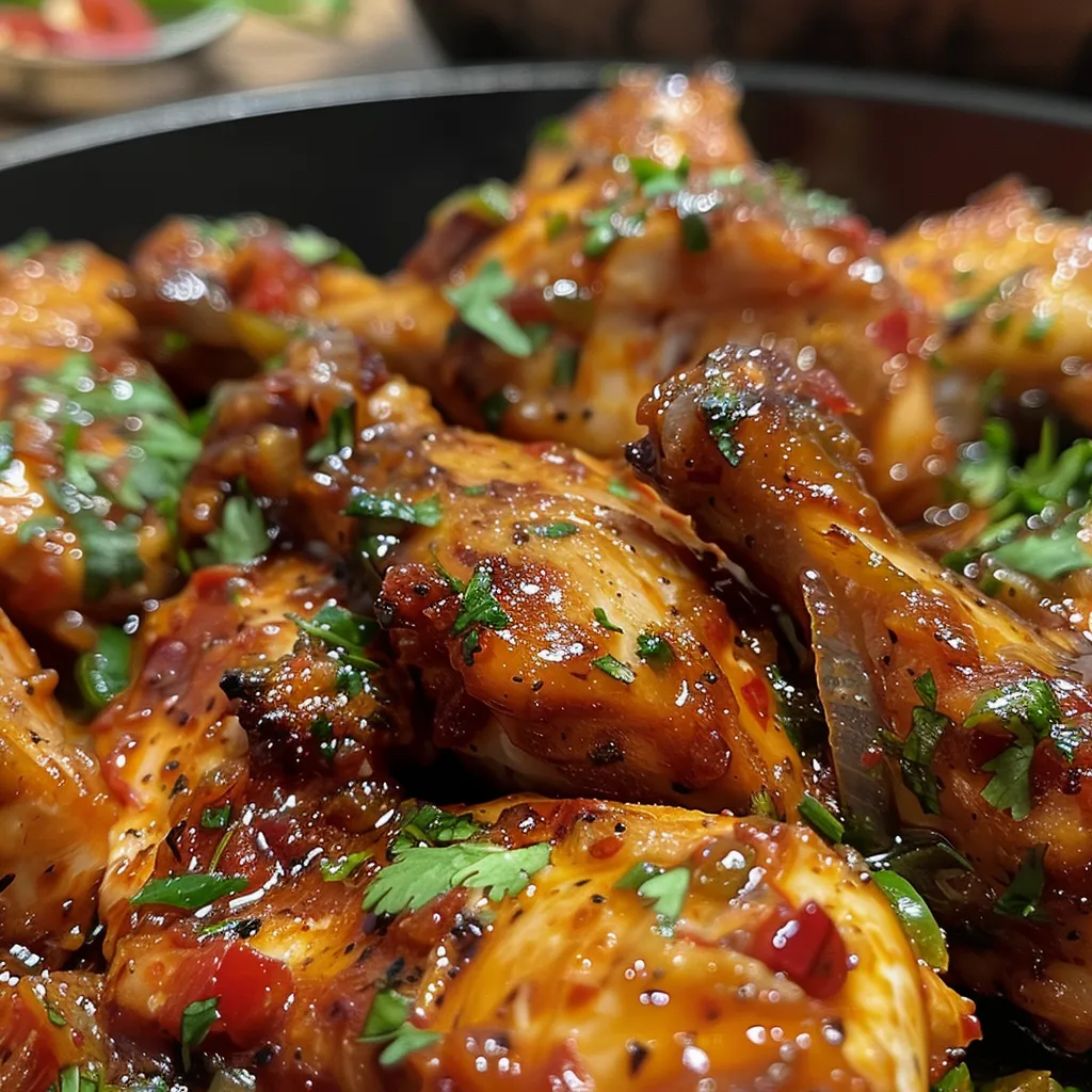 Detalle de un plato de Pollo Tex Mex con especias y guarniciones.