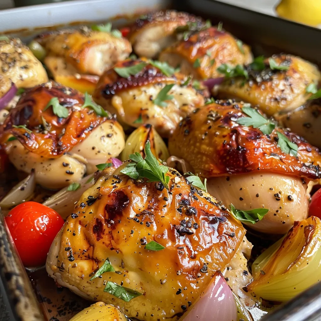 Platter de pollo jugoso y calabacín con hierbas frescas y verduras.