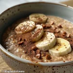 Tazón de avena con plátano y cacao, visto de lado.