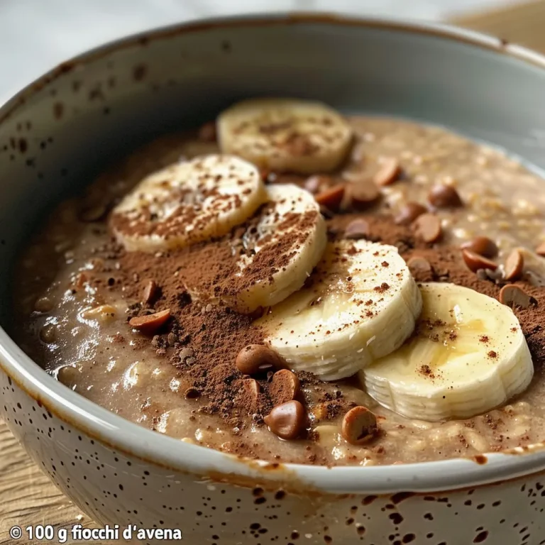 Desayuno Energético Porridge de Avena con Plátano y Cacao para Empezar el Día Tazón de avena con plátano y cacao, visto de lado.