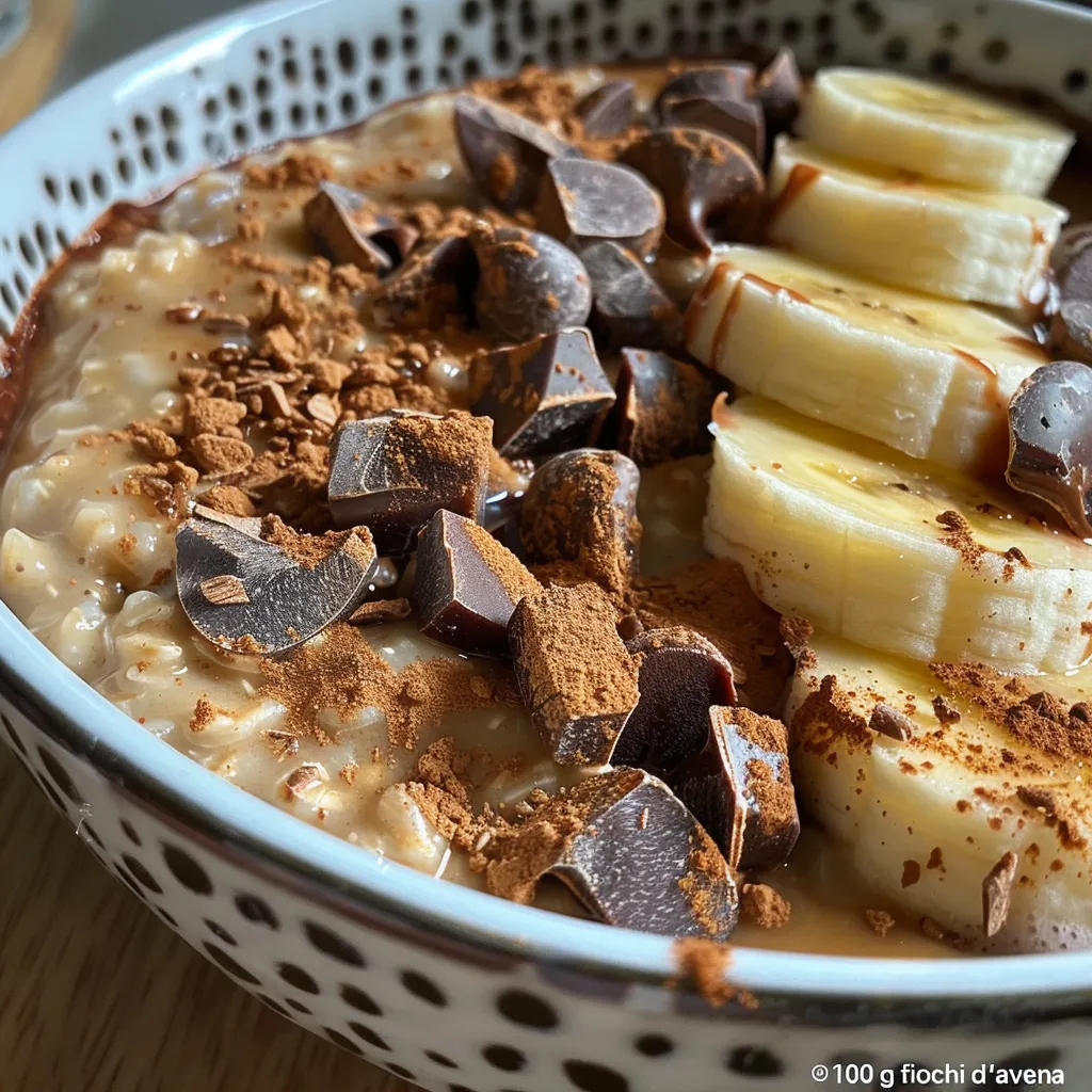 Porridge con plátano y cacao, presentado en un tazón con leche.
