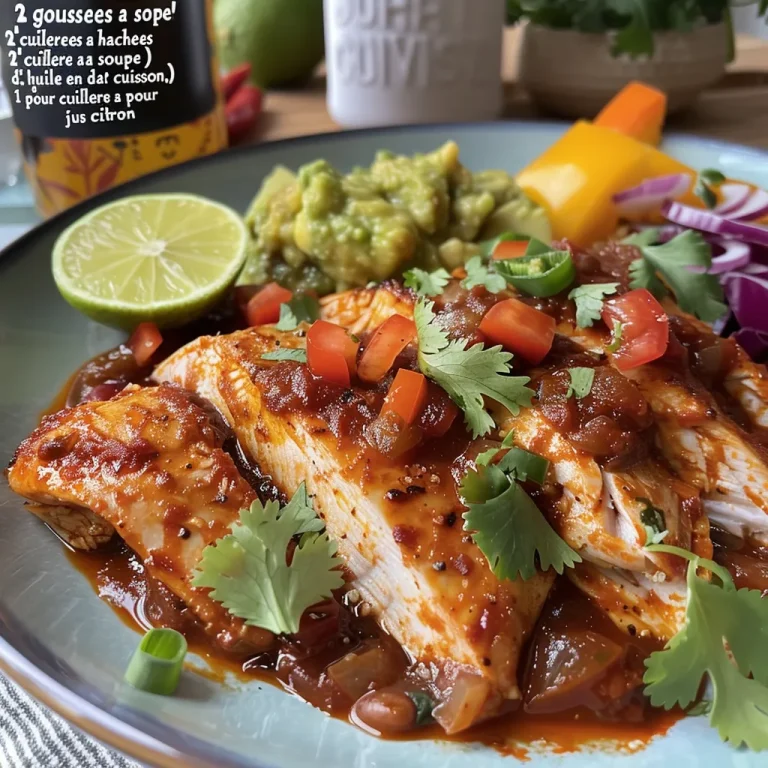 Imagen de Poulet Chili Tex-Mex con pollo, frijoles negros, maíz y guacamole bien presentados.