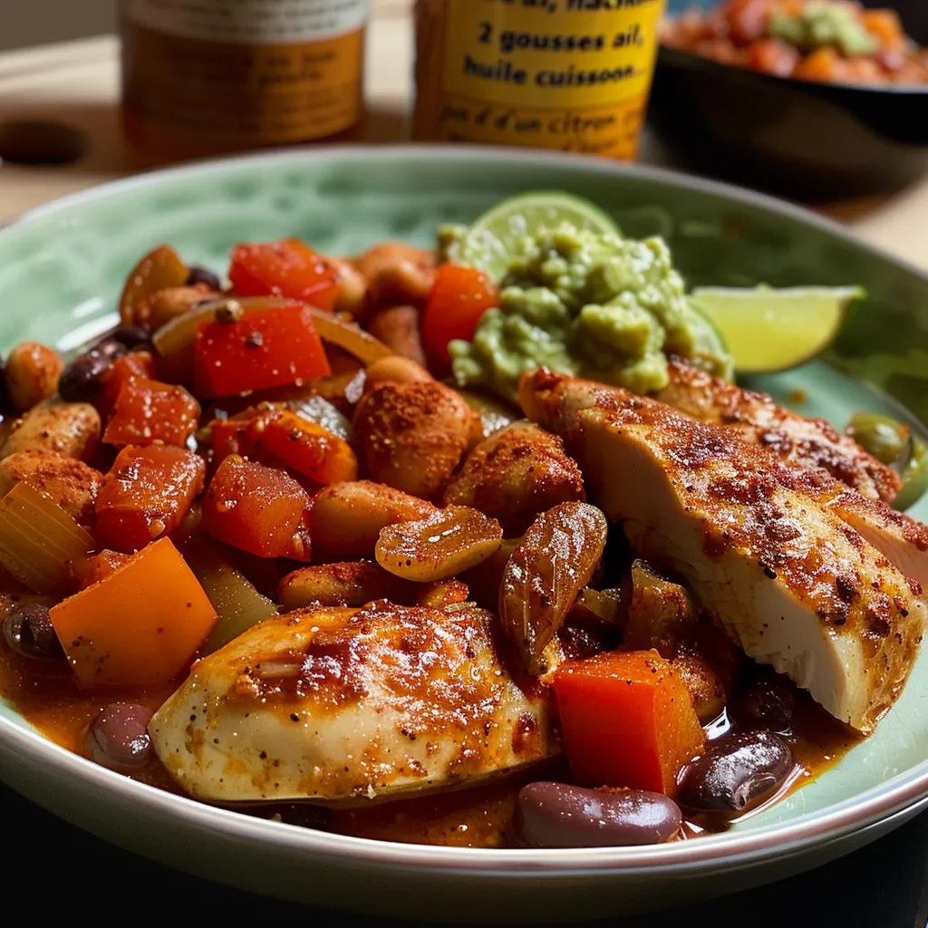Close-up de un delicioso Poulet Chili Tex-Mex, resaltando la textura y los colores vibrantes de los ingredientes.