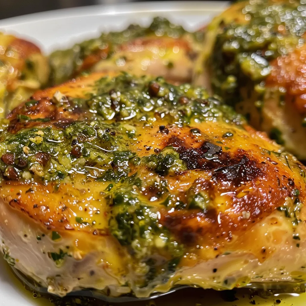Filetes de pollo dorados con una cobertura de pesto, listos para servir.