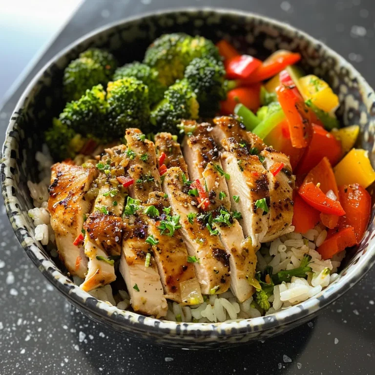 Tazón de Power Bowl con pollo tierno y vegetales vibrantes.