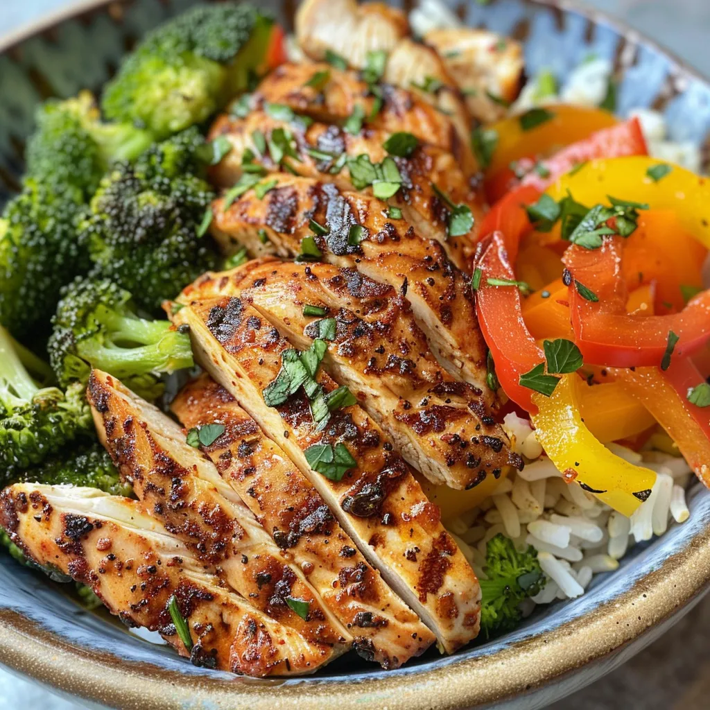 Power Bowl con pollo, brócoli y pimientos en un tazón atractivo.