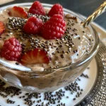 Pudding de chía de vainilla en un tazón claro, con una textura cremosa y semillas visibles.