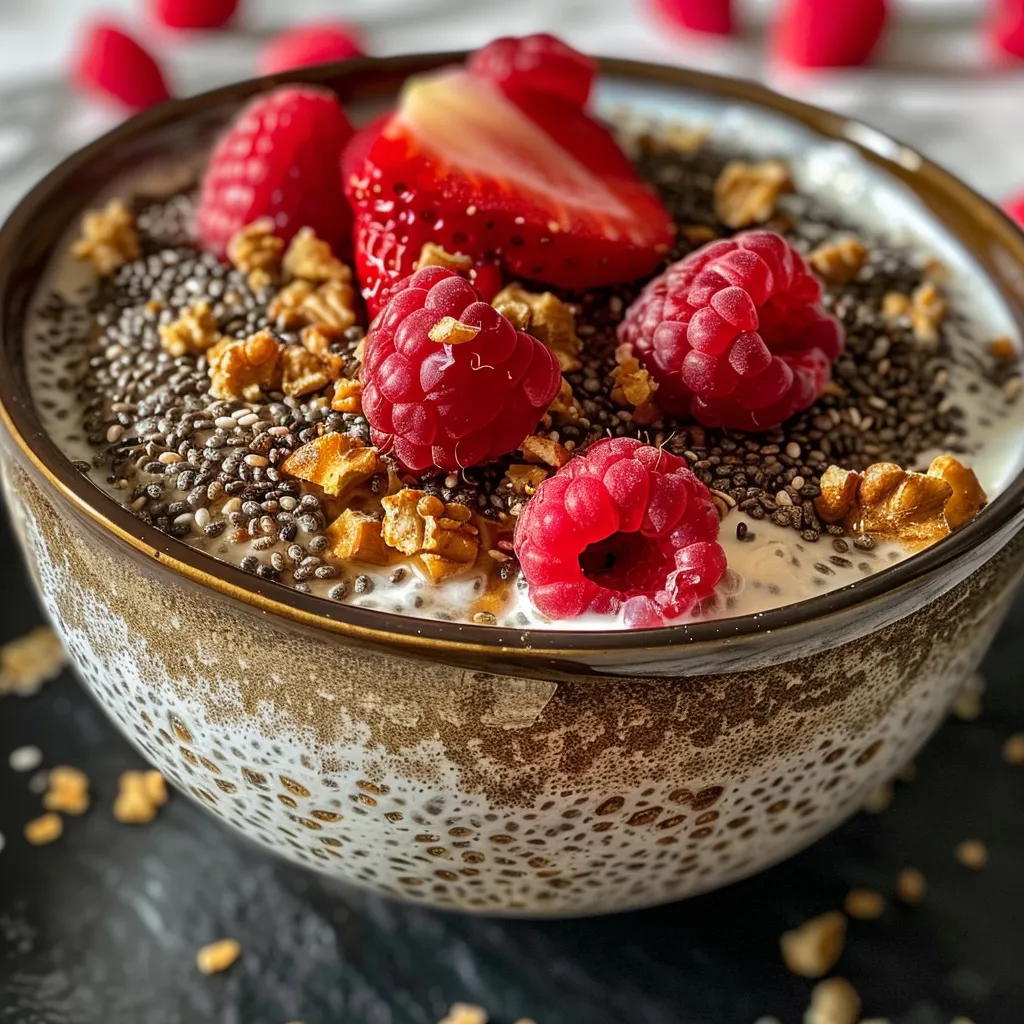 Primer plano de un pudding de chía cremoso con almendras y vainilla.