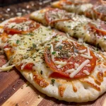 Nahaufnahme eines Naan-Pizzastückes mit geschmolzenem Käse und Mini-Peperoni.