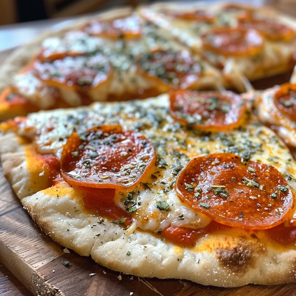 Seiteansicht einer Naan-Pizza, belegt mit Mozzarella und Parmesan.