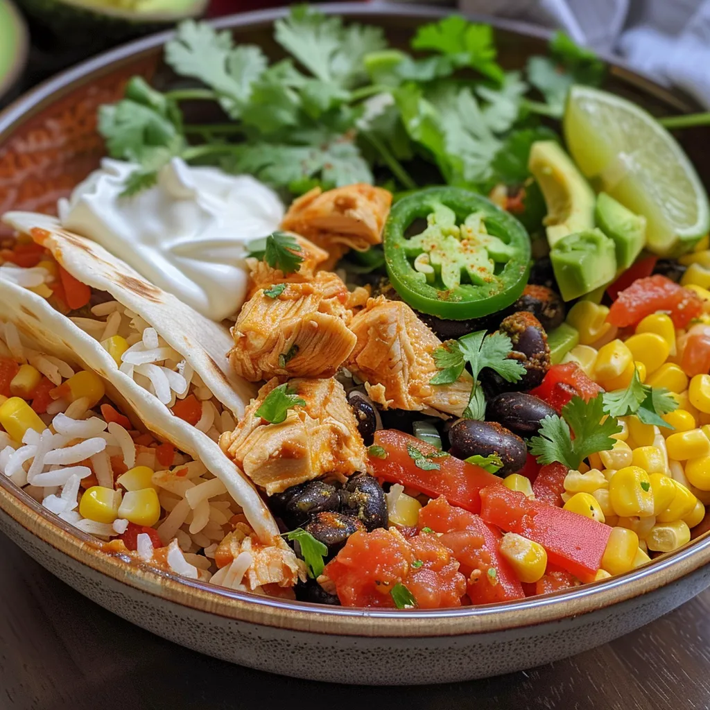 Platos de tazón de burrito de pollo con pollo jugoso y vegetales.