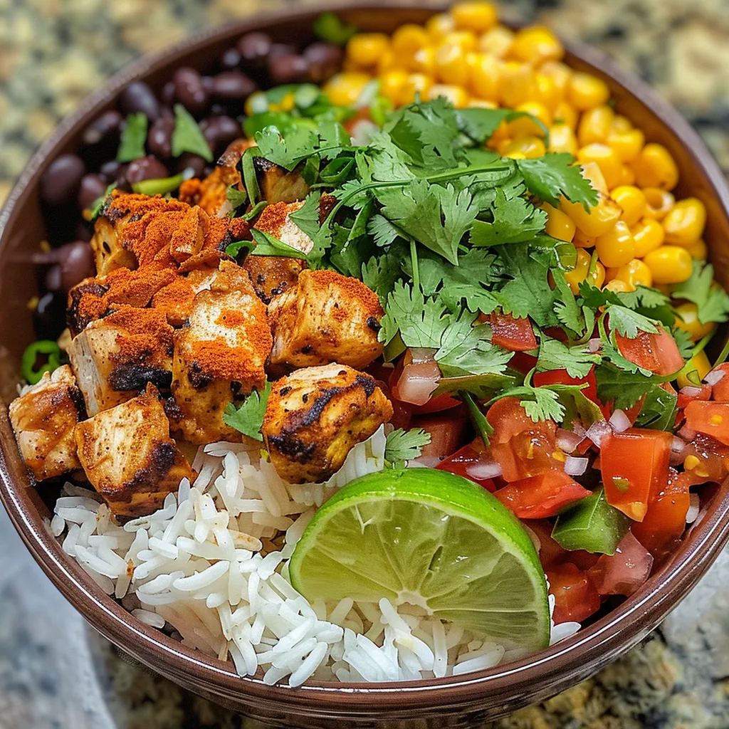 Vista lateral de un burrito bowl lleno de pollo, frijoles negros y tomates.
