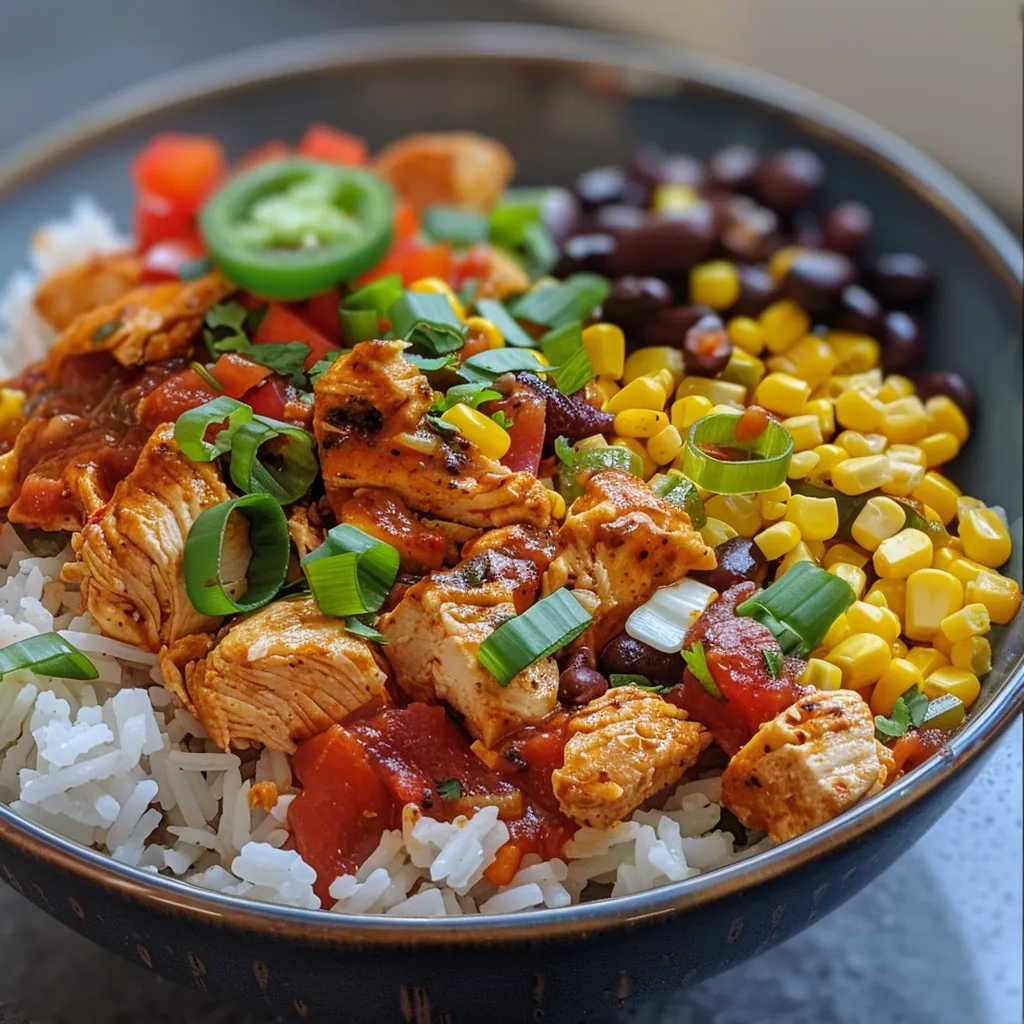 Ensalada Tex-Mex en un tazón con pollo, arroz y vegetales frescos.