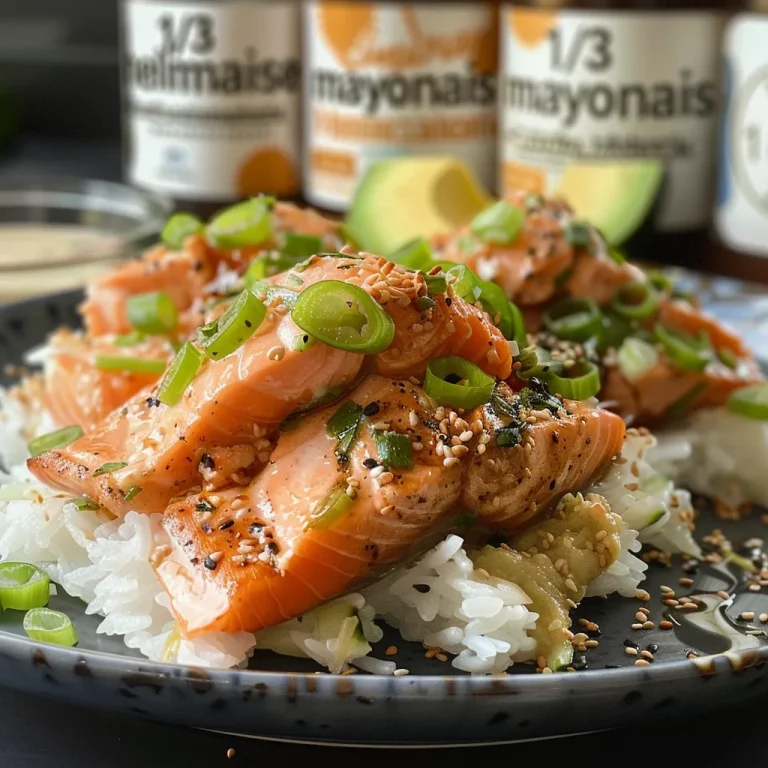 Tazón de salmón con arroz de coco, ingredientes frescos y coloridos visibles.