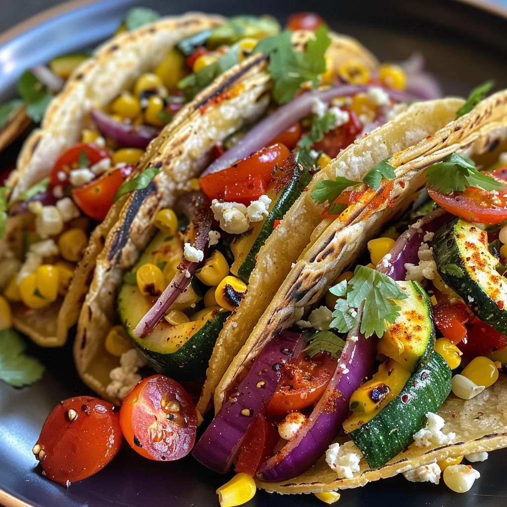 Relleno de tacos con pimientos, calabacín y cebolla roja asados.
