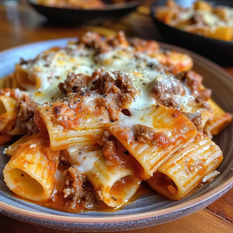 Rigatoni al Horno Una Delicia que Encantará a Todos en Casa Close-up view of a beef rigatoni cheese bake with melted cheese on top.