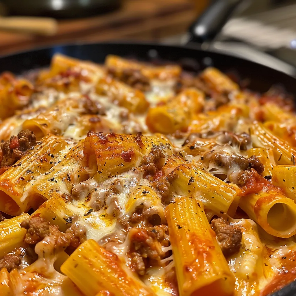 Side view of a delicious rigatoni al horno featuring layers of ground beef and cheese.