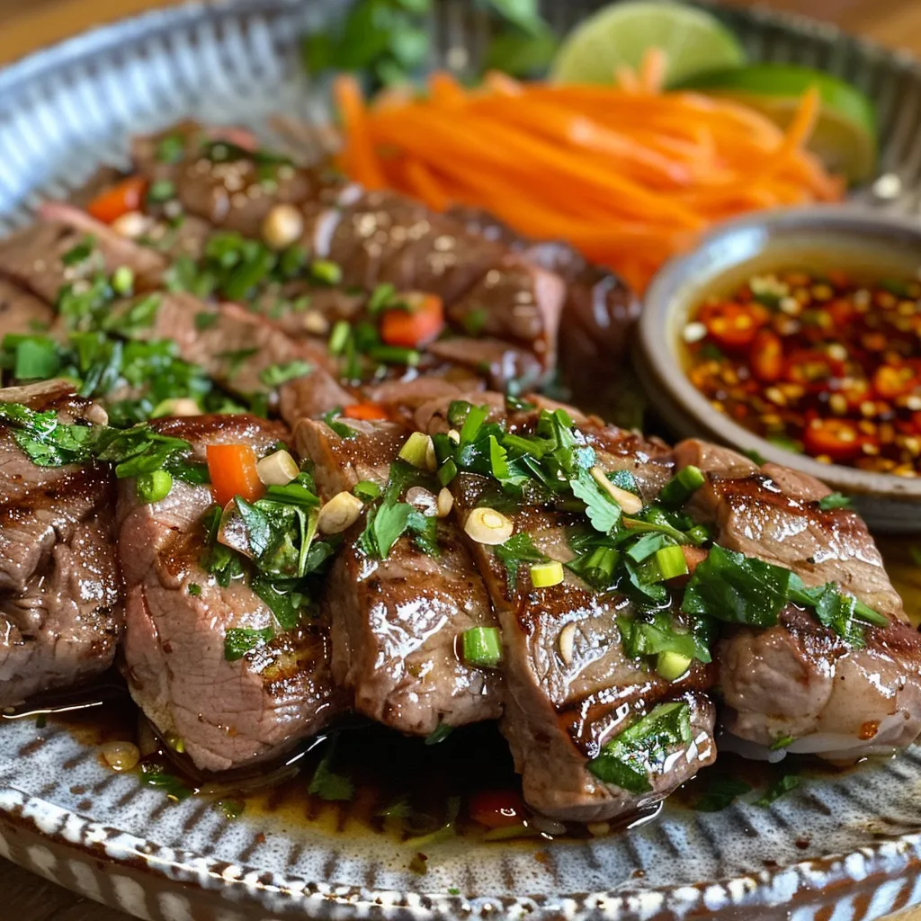 Primer plano de rollos de carne de res rellenos de albahaca tailandesa y verduras.