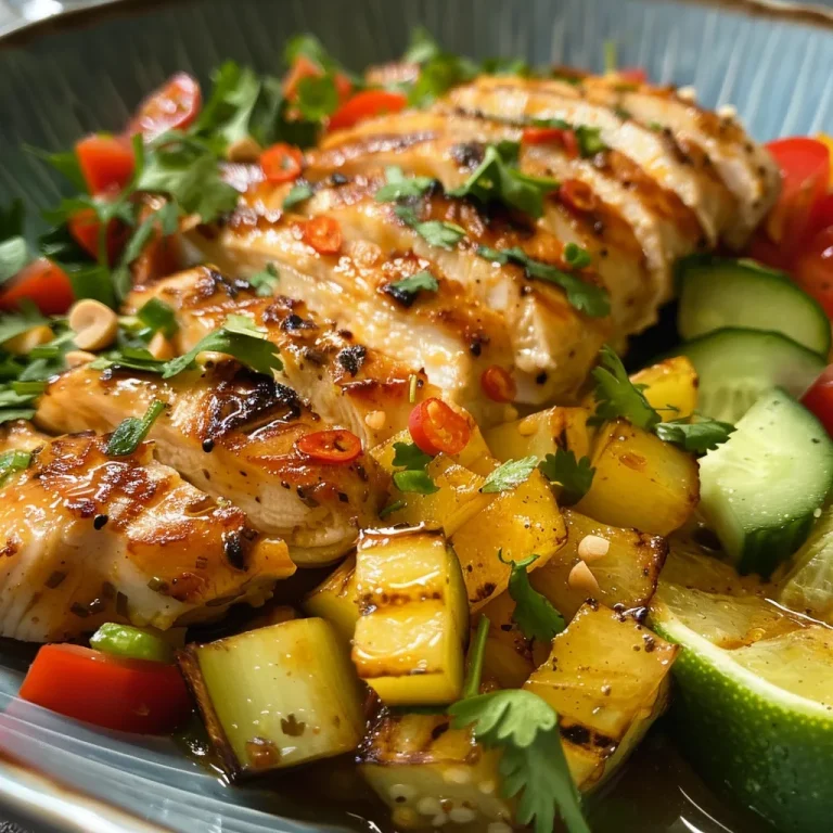Vista lateral de una ensalada de pollo tailandesa con cacahuetes y cilantro.