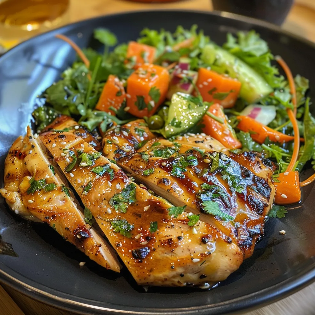 Ensalada vibrante con pollo grillado y vegetales frescos en un tazón.