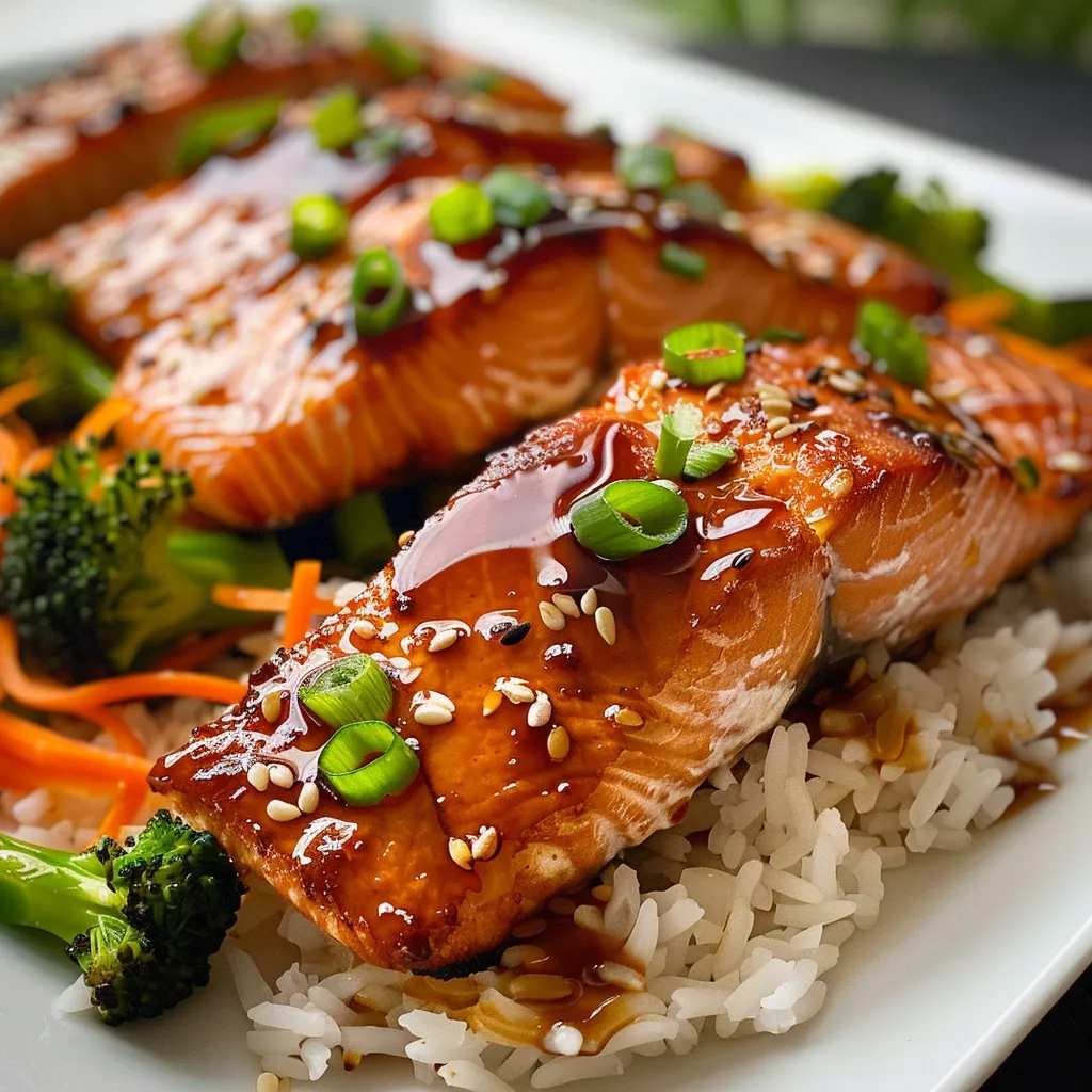 Filete de salmón teriyaki sobre arroz jazmín con verduras.