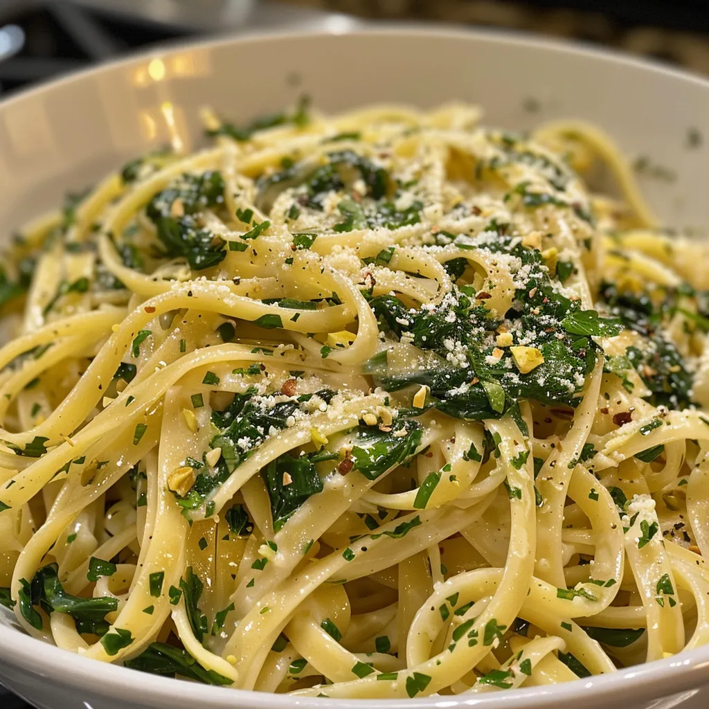 Salsa de espinacas cremosa sobre tagliatelle, vista lateral.