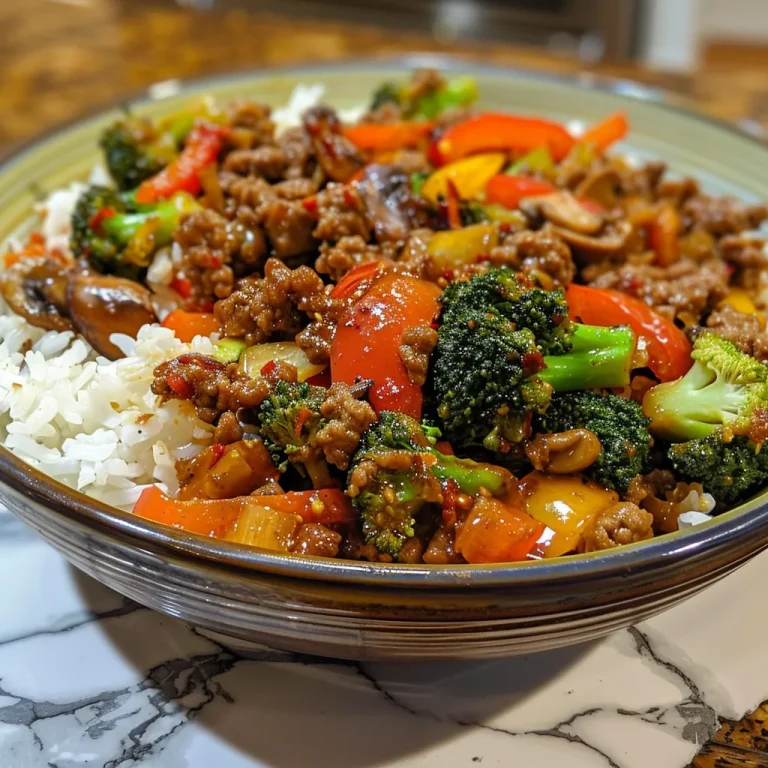 Tazón de stir-fry de carne molida con verduras frescas y arroz al vapor.