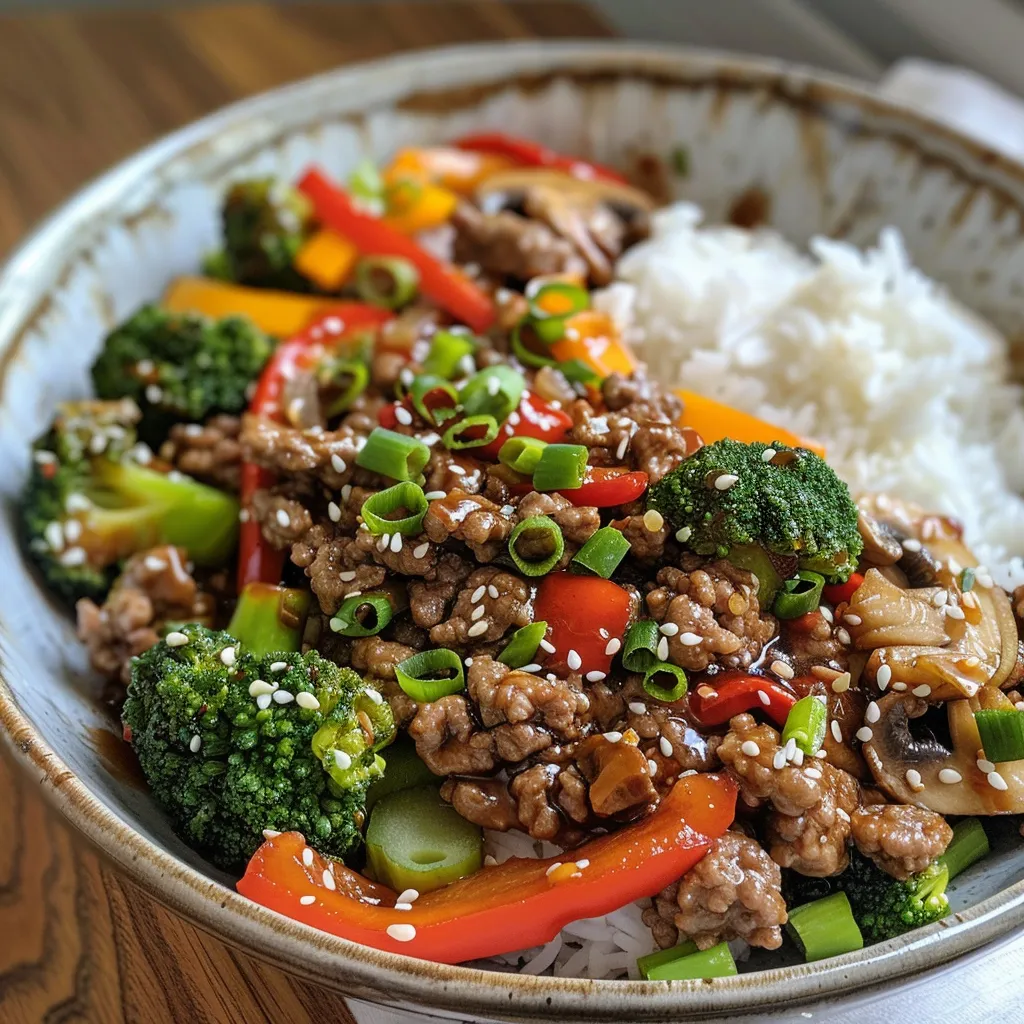 Primer plano de un salteado picante de carne de res con brócoli y pimientos.